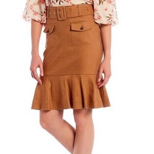 Calvin Klein Women’s Tan Linen Blend Ruffle Hem Belted A-line Skirt